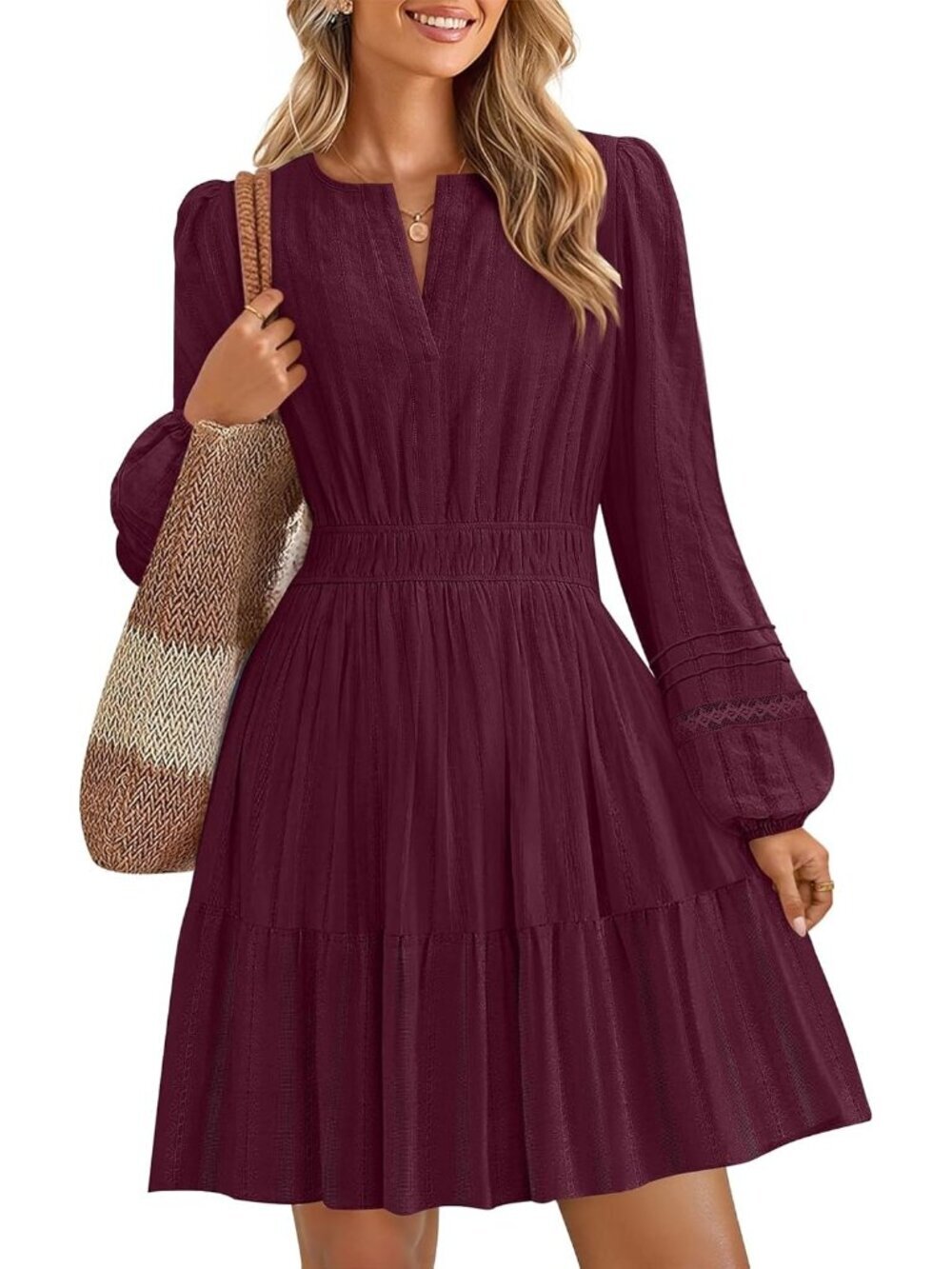 Women's Wine Long Sleeve V Neck High Waist Ruffle Pleated LINE Mini Dress